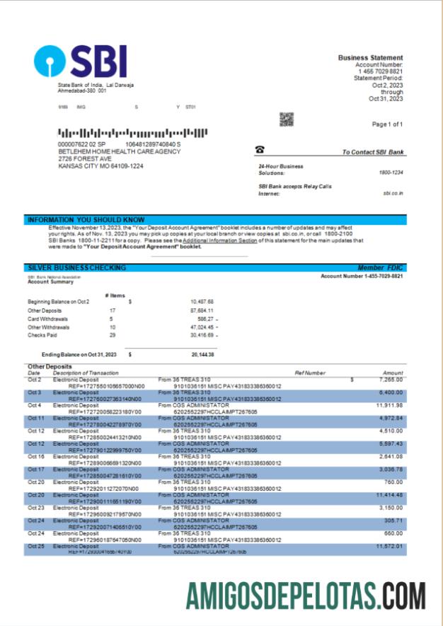 Em branco Modelo Word e PDF de extrato de conta da empresa do State Bank Of India